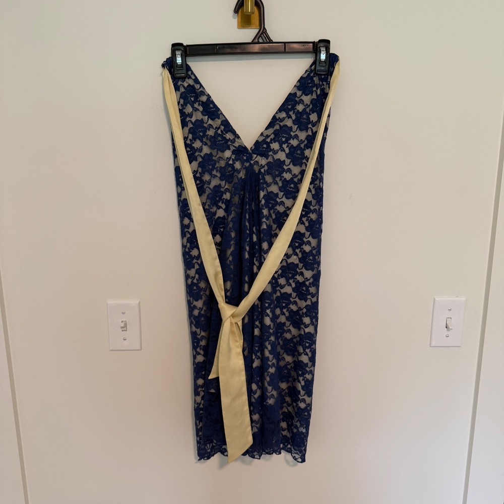Chan Luu Navy Blue Floral Lace Cowl Back Mini Dress with Yellow Neck Tie Size S